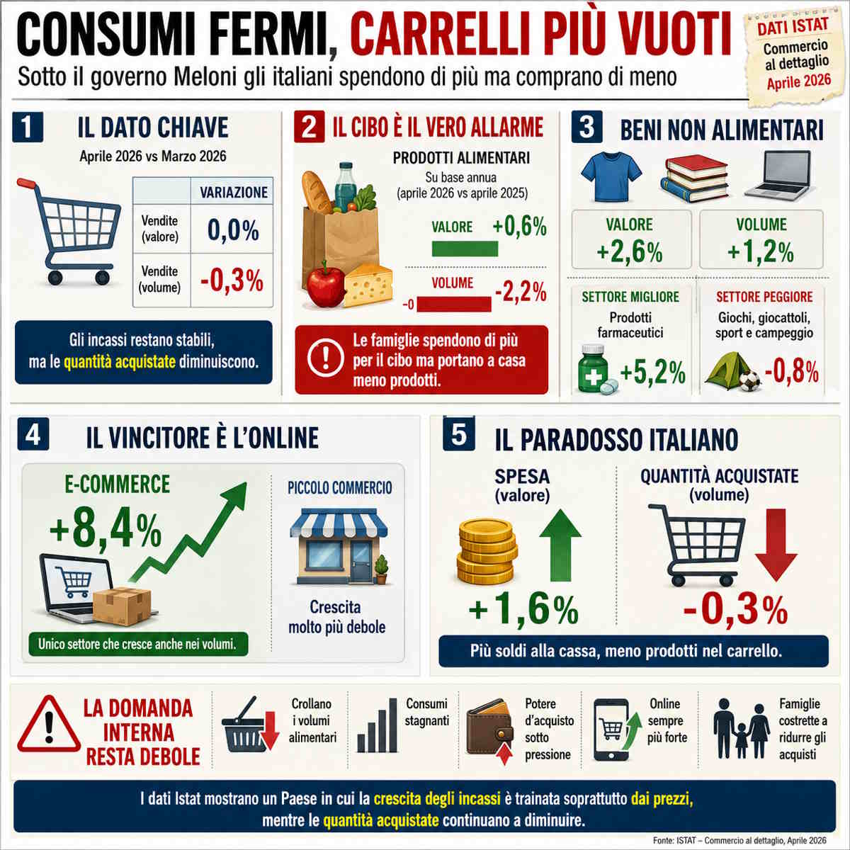 Ad aprile 2026, il commercio al dettaglio ci dice che i consumi sono fermi e i carrelli della spesa vuoti